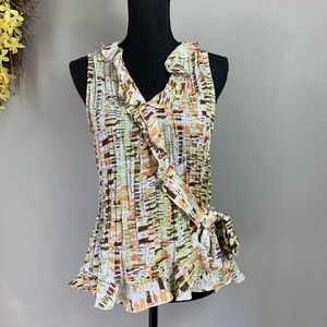 Sunny Leigh Sleeveless Ruffled V-Neck Blouse in White, Green & Brown